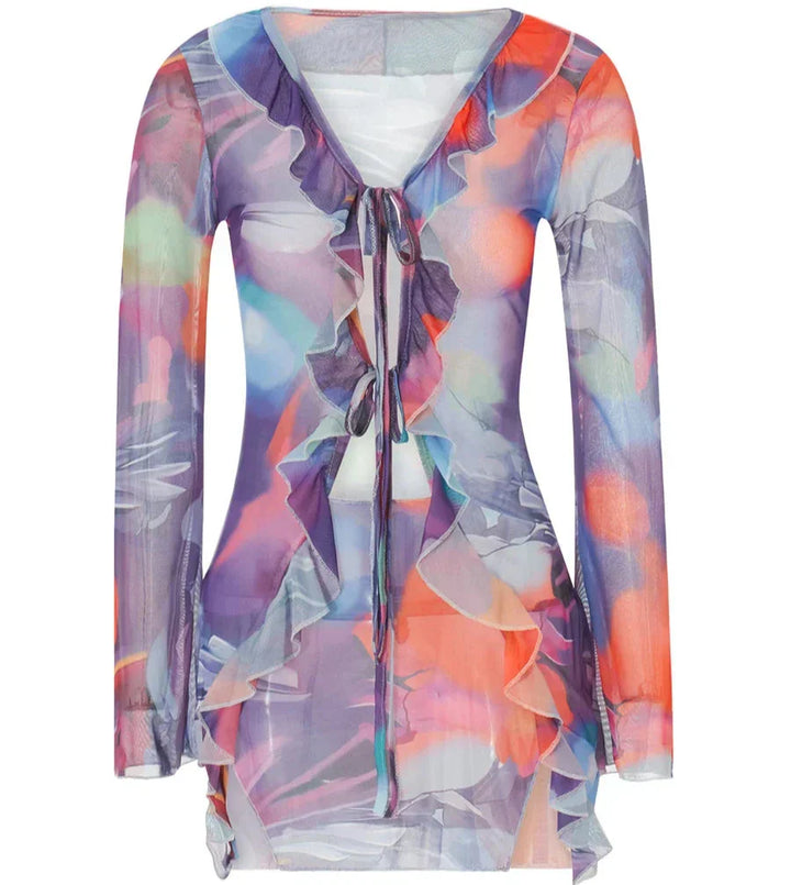 Levoire | Robe Mini À Manches Longues Avec Volants En Design Batik Lilas