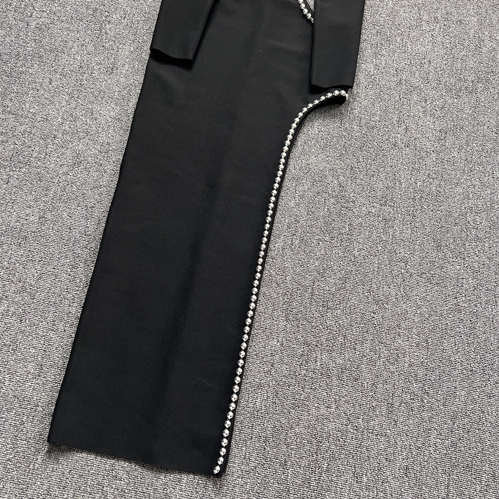 Levoire | Noir O-Top Découpe Perle Décoré Robe Longue