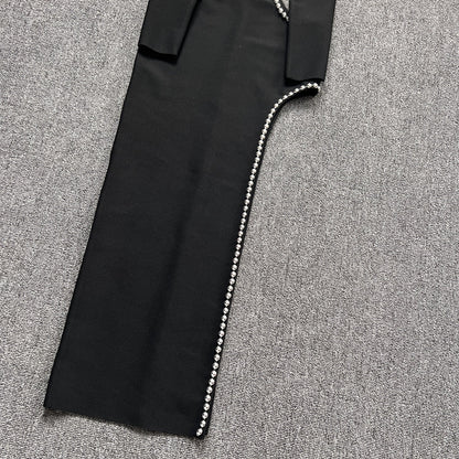 Levoire | Noir O-Top Découpe Perle Décoré Robe Longue