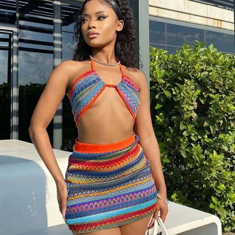 Levoire | Haut En Crochet Tricot Rayé Et Ensemble De Mini-Jupe