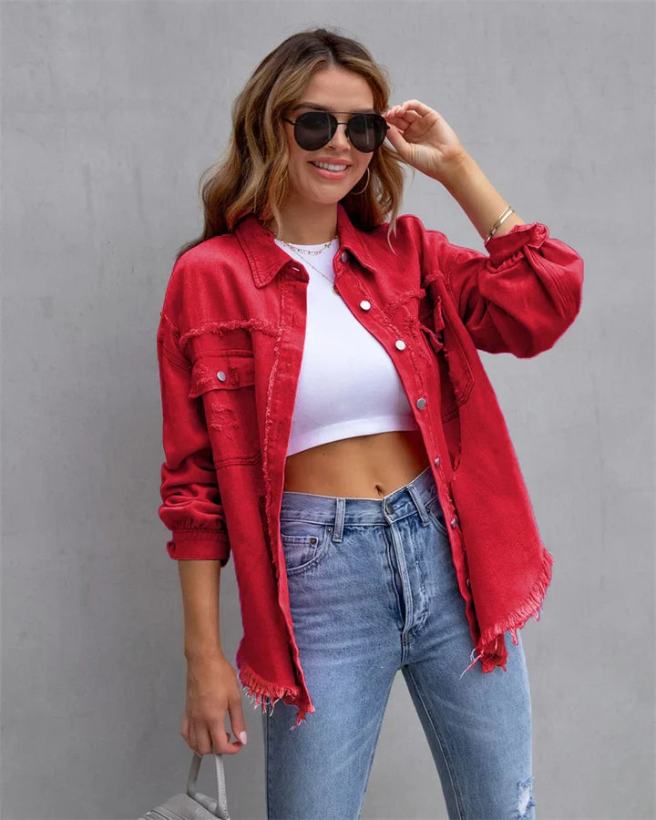 Levoire | Veste En Jean Avec Bords Bruts, Printemps, Rose, Orange, Violet Rot