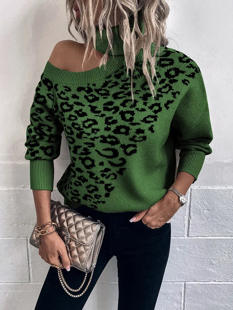Levoire | Off Shoulder Pullover Avec Motif Léopard Vert