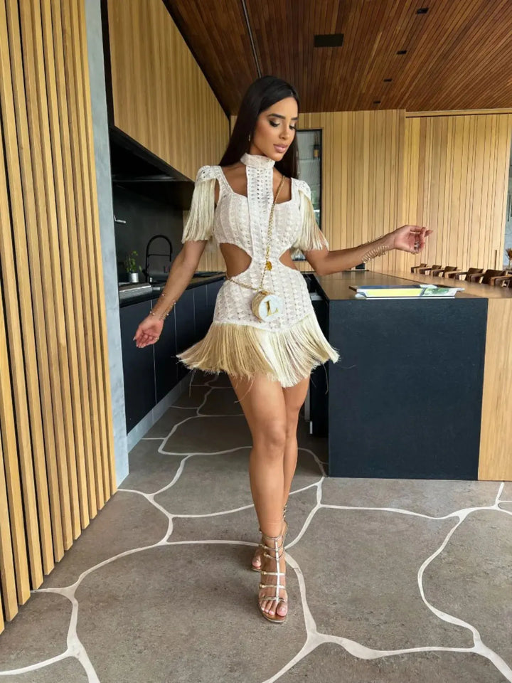 Levoire | Robe Mini/Longue À Col Cheminée Tricotée Frangée