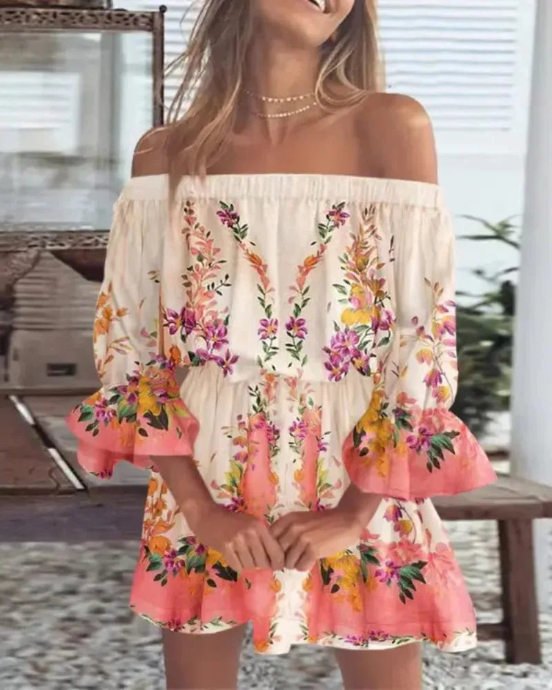 Levoire | Robe Sexy À Épaules Dénudées Imprimée Rosa