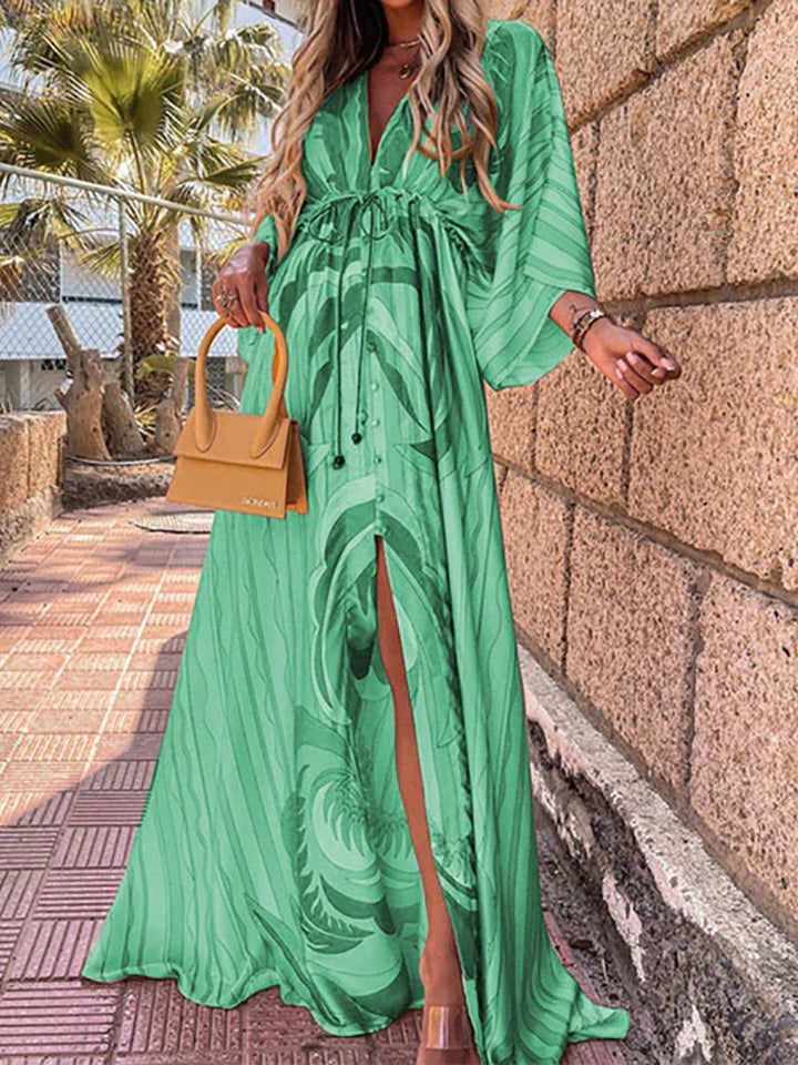 Levoire | Maxi Dress V-Neck Button Closure Waist Pads Abstract Print Flowing Stylish Cut Vert