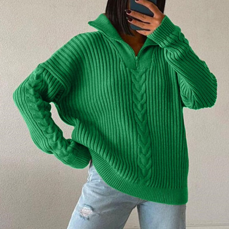 Levoire | Pull À Tresses Confortable Avec Décolleté En V, Col Roulé Et Fermeture Éclair Vert
