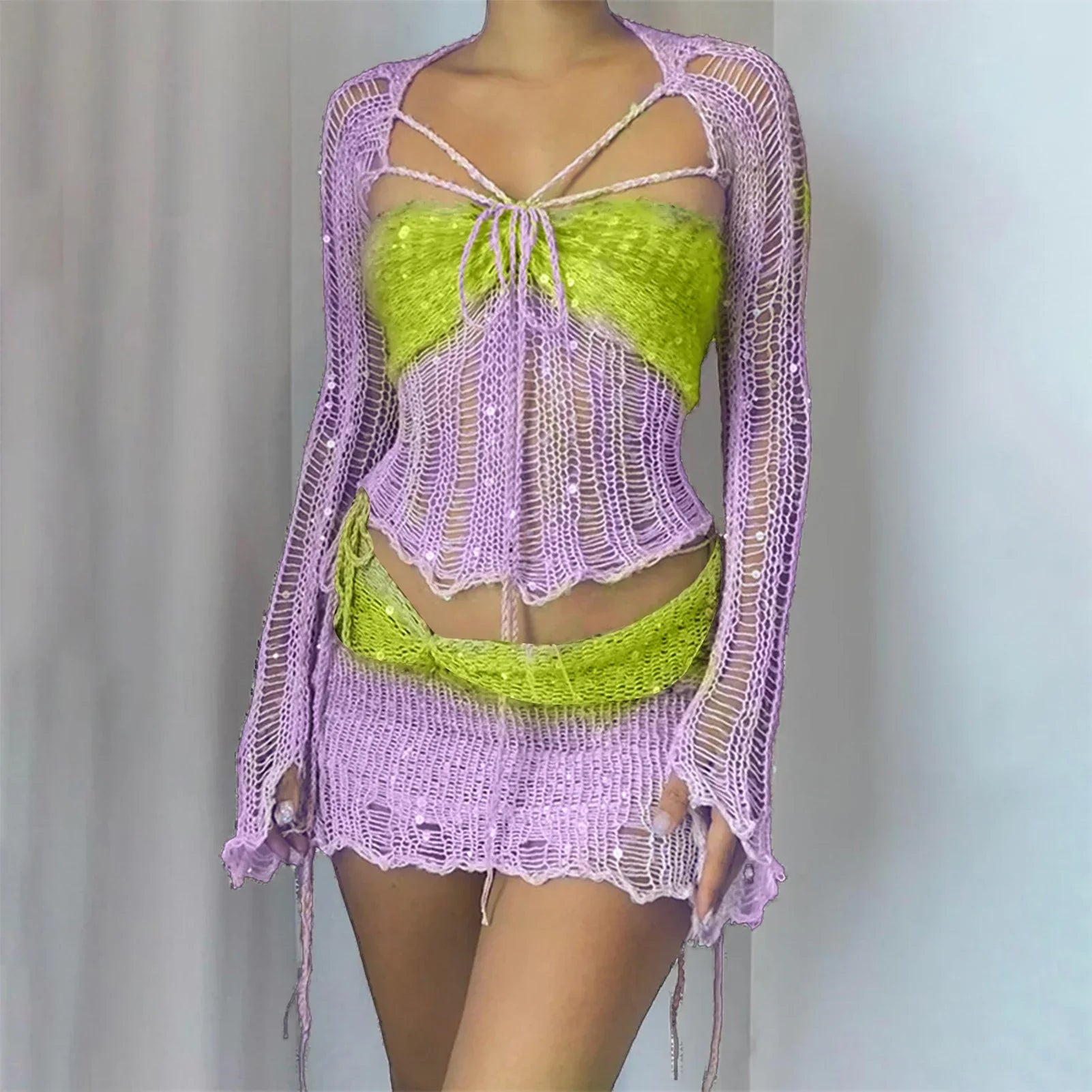 Levoire | Top Crop Tricot À Paillettes En Crochet Et Mini Jupe Co Ord Set