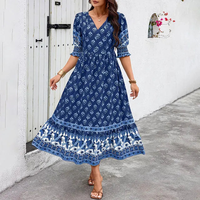 Levoire | Robe Imprimée Boho À Col En V Bleu