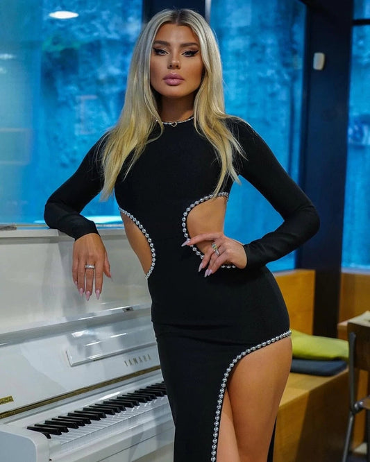 Levoire | Noir O-Top Découpe Perle Décoré Robe Longue