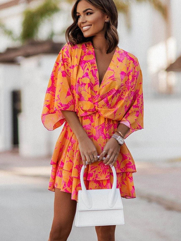 Levoire | Robe Femme Courte Avec Décolleté En V Et Manches Mi-Longues Orange