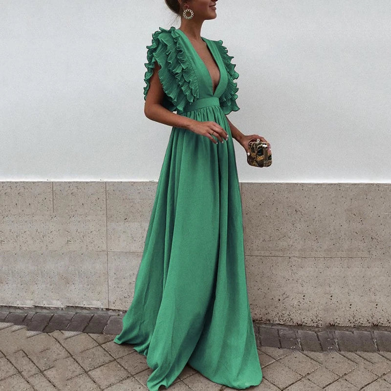 Levoire | Robe De Soirée À Manches Volantées Pour Femme - Maxi Vert