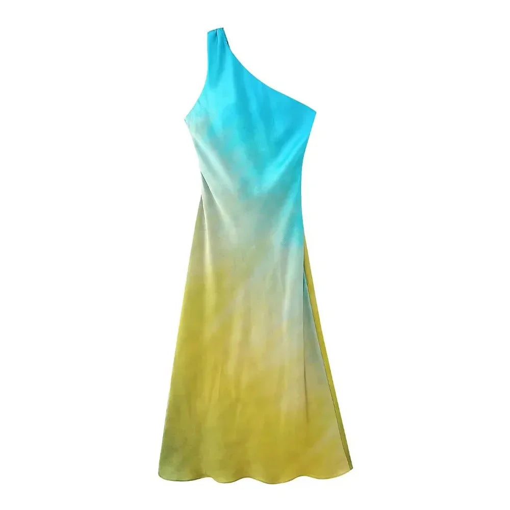 Levoire | Robe Longue Élégante Dégradée Couleur Épaule Unique