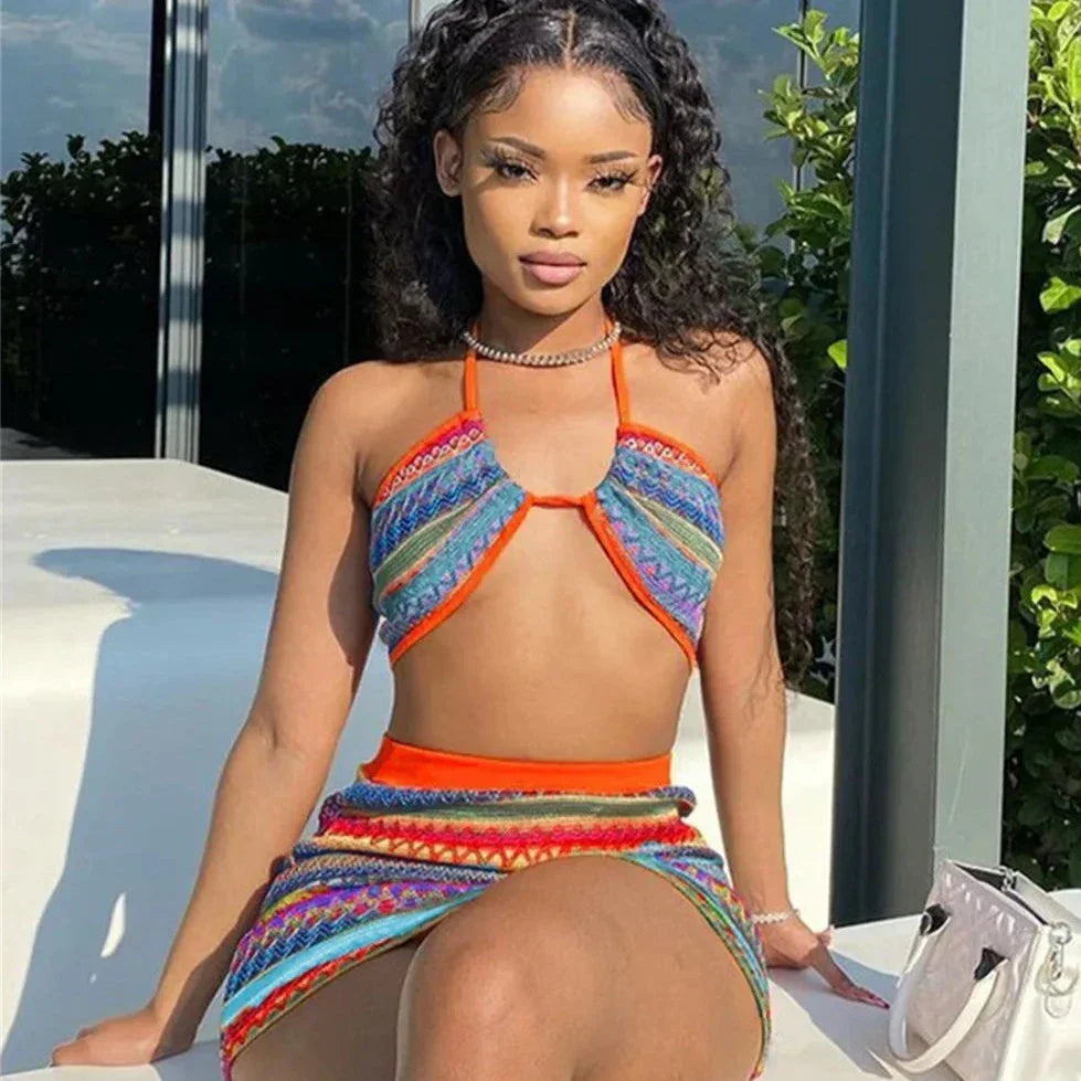 Levoire | Haut En Crochet Tricot Rayé Et Ensemble De Mini-Jupe