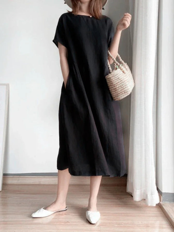 Levoire | Robe Midi Unie En Coton Et Lin Noir