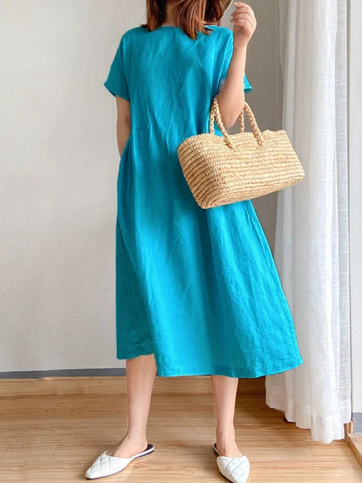 Levoire | Robe Midi Unie En Coton Et Lin Bleu