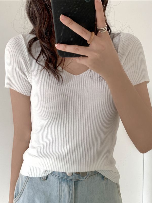 Levoire | T-Shirt Slim Fit À Col V En Coton À Manches Courtes Pullover Tricoté