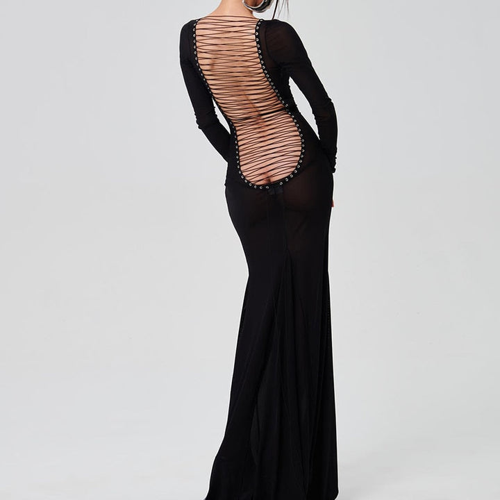 Levoire | Mesh Noir Manches Longues Dos Nu Transparent