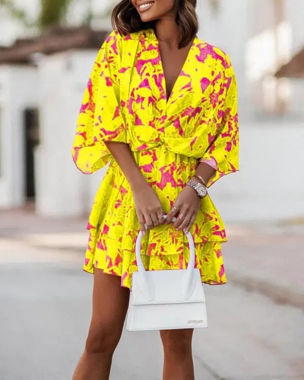 Levoire | Robe Femme À Encolure En V Courte Avec Manches Mi-Longues Jaune