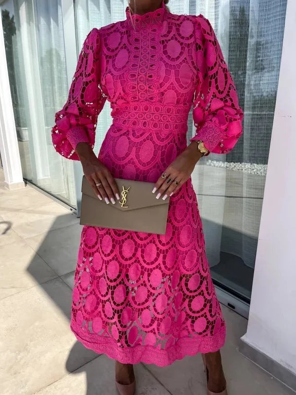 Levoire | Robe Maxi À Col Montant En Dentelle Avec Manches Bouffantes rose