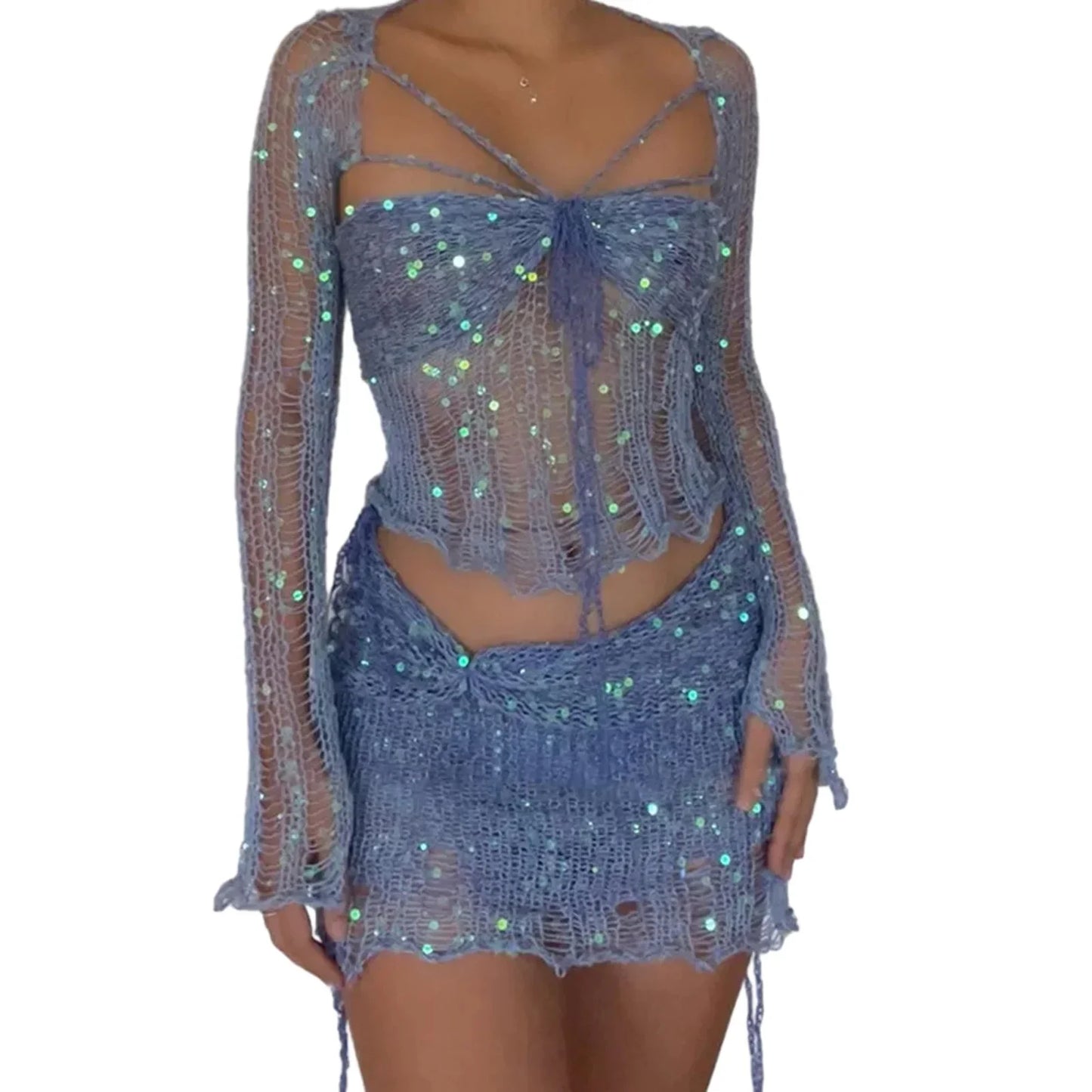 Levoire | Top Crop Tricot À Paillettes En Crochet Et Mini Jupe Co Ord Set Bleu