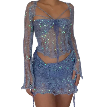 Levoire | Top Crop Tricot À Paillettes En Crochet Et Mini Jupe Co Ord Set Bleu
