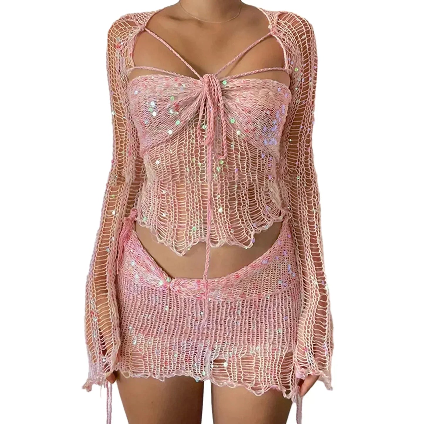 Levoire | Top Crop Tricot À Paillettes En Crochet Et Mini Jupe Co Ord Set Rosa