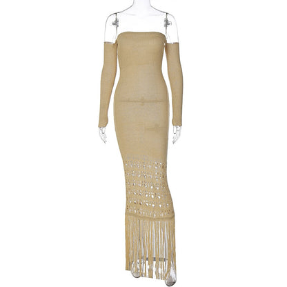 Levoire | Robe Maxi Dénudée À Franges En Tricot À Manches Longues