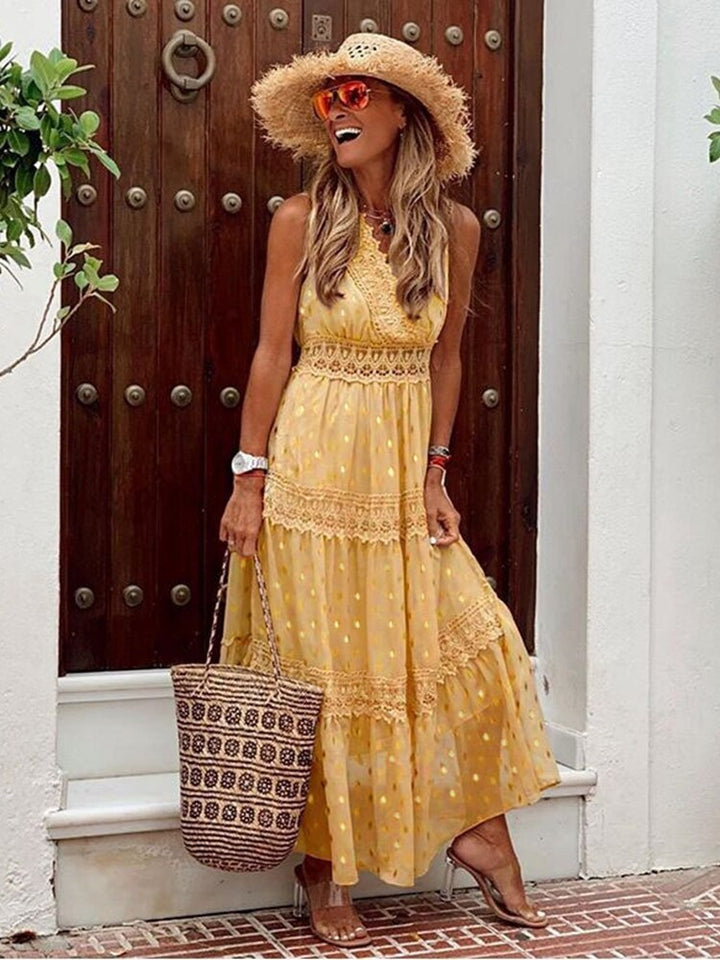Levoire | Robe Maxi Bohème Avec Dentelle Pour Femmes Jaune
