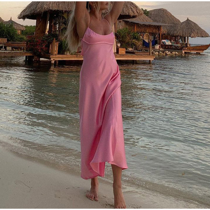 Levoire | Satin Sans Épaules Dos U Fente Midi Robe
