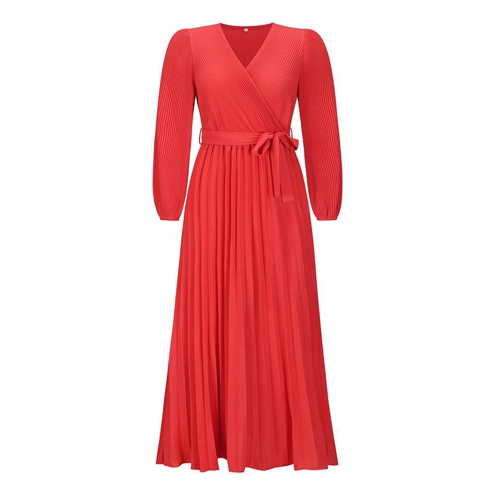 Levoire | Robe Maxi Plissée D'Été À Col V Design Grand Zoom Élégant Rouge