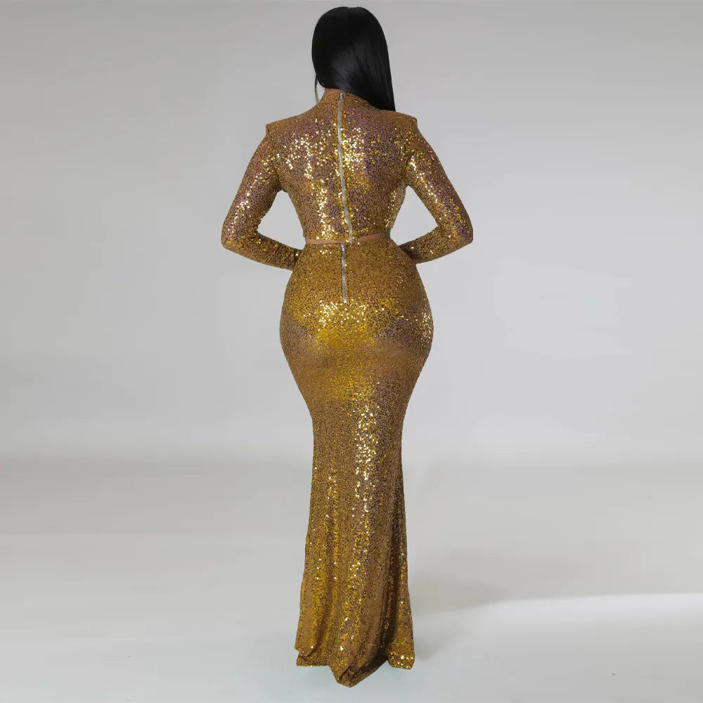 Levoire | Crop Top À Col Rond Pailleté & Ensemble Jupe Maxi