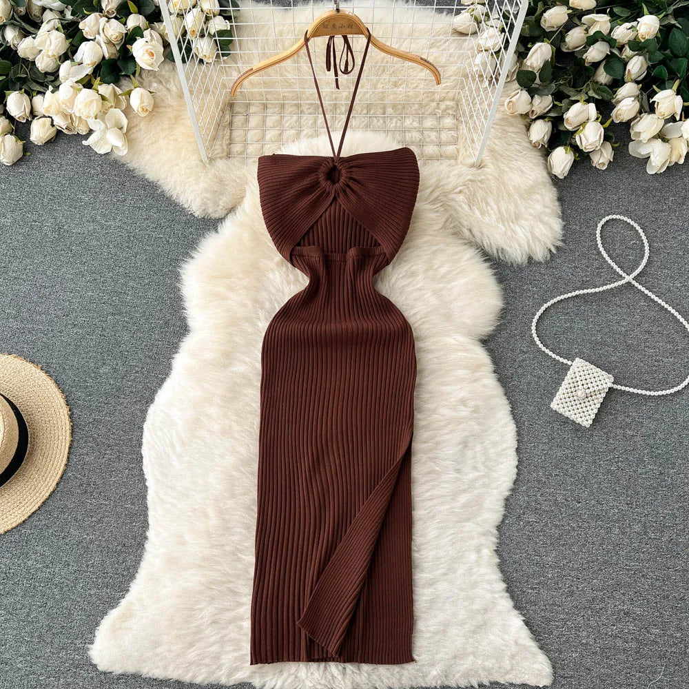 Levoire | Robe Maxi Tricot Tendance Dos Nu Pour Femmes Chocolat une taille