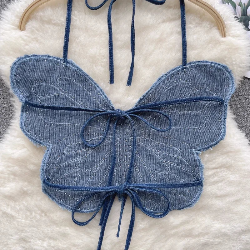 Levoire | Top Court Vintage En Denim Y2K Avec Papillon