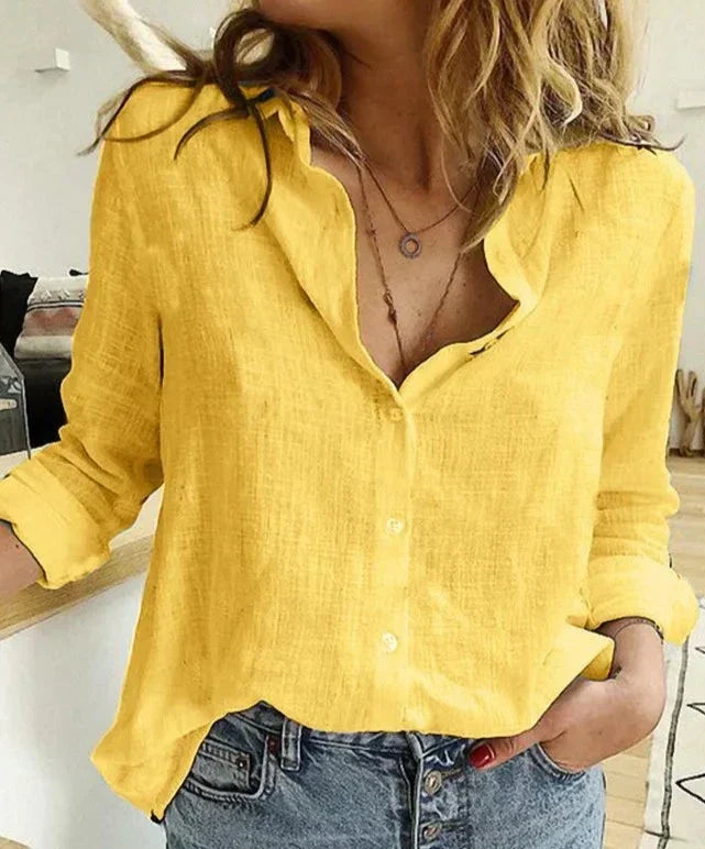 Levoire | Élégant, Chemisier À Manches Longues Léger Pour Femmes En Coton Et Lin Jaune