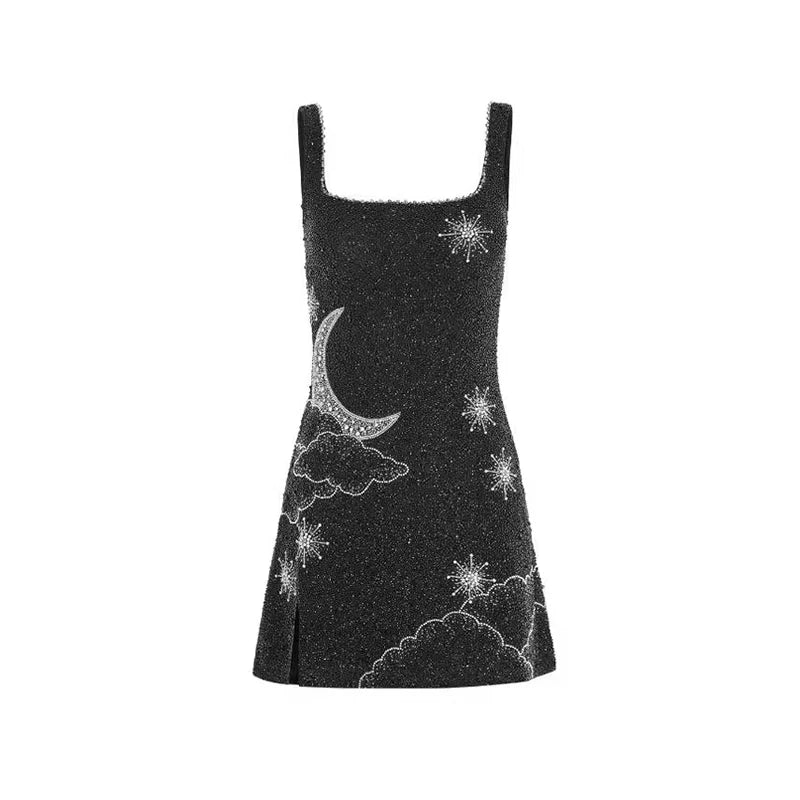 Levoire | Sparkle Ibiza Robe Mini Brodée Noir Nuit Argent Fente Latérale