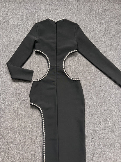 Levoire | Noir O-Top Découpe Perle Décoré Robe Longue