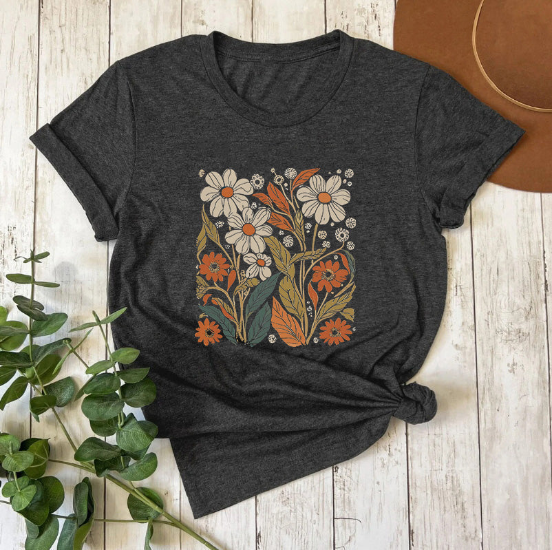 Levoire | Weinlese T-Shirt De Fleur Sauvage Pour Femmes Gris
