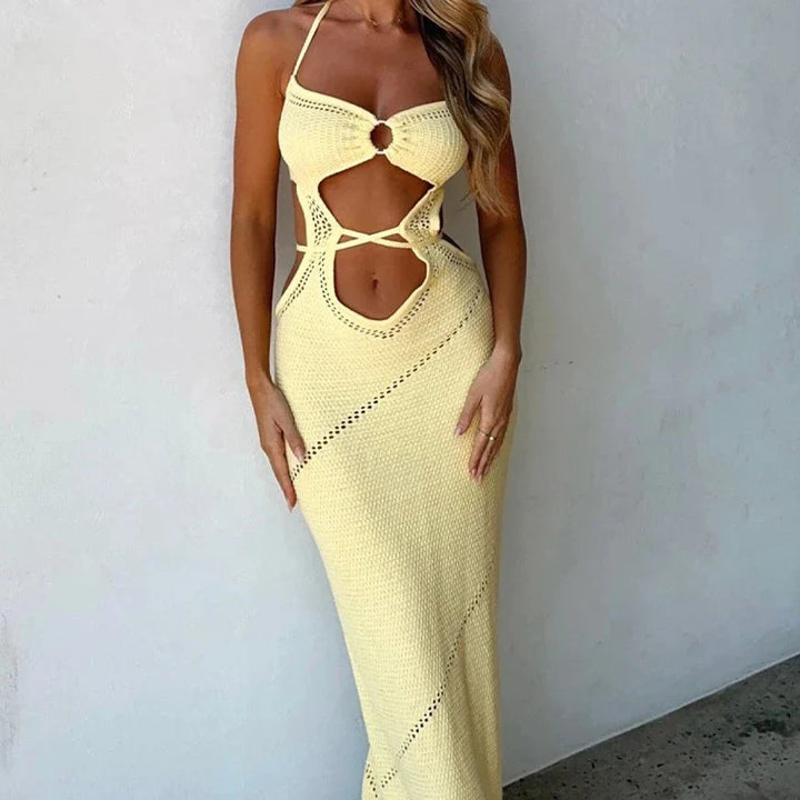 Levoire | Robe Maxi À Col Halter Découpé En Tricot Jaune