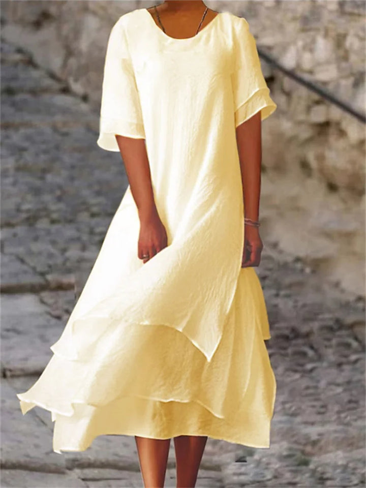 Levoire | Robe À Manches Courtes Avec Fente Et Double Design Ainsi Qu'Encolure Ronde Jaune