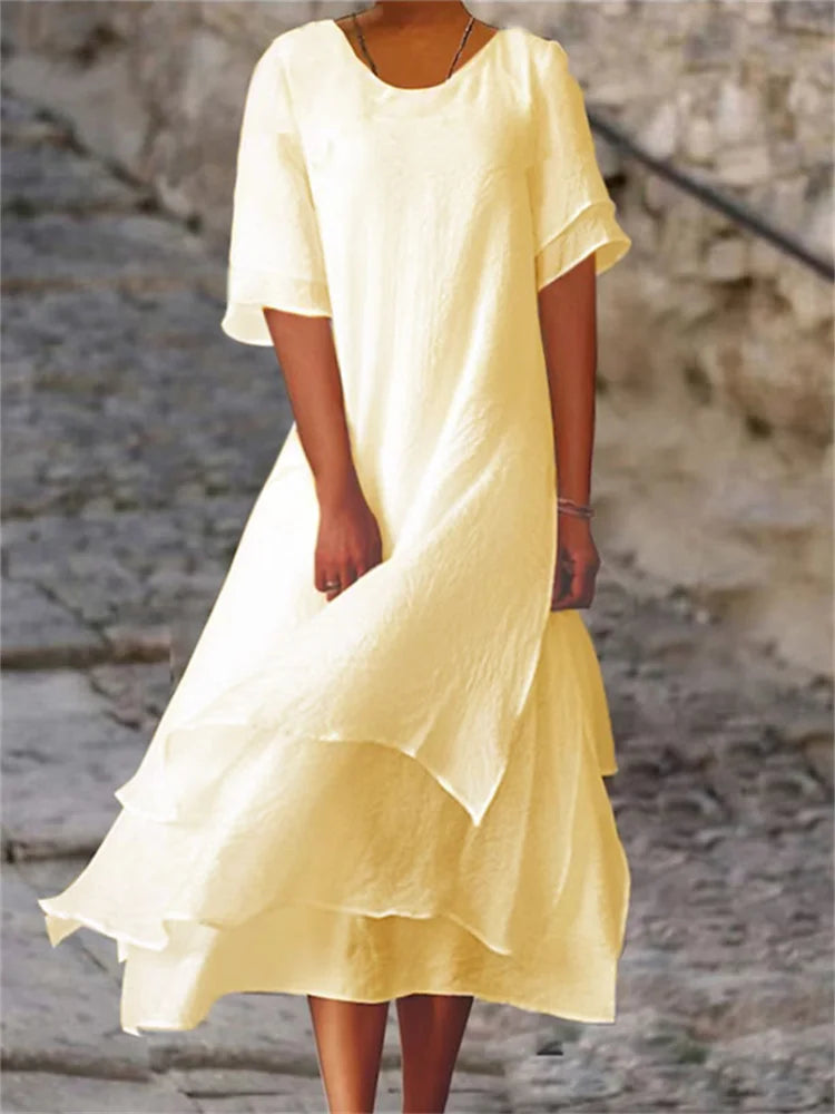 Levoire | Robe Courte À Manches Courtes À Double Couche Avec Encolure Ronde Jaune