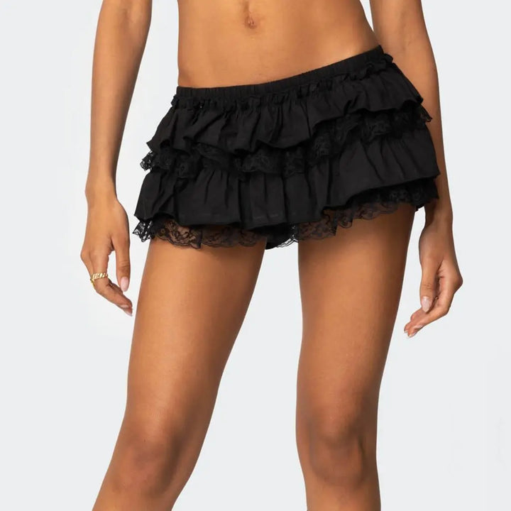Levoire | Short En Ruffles Avec Bord En Dentelle Tiercé Noir