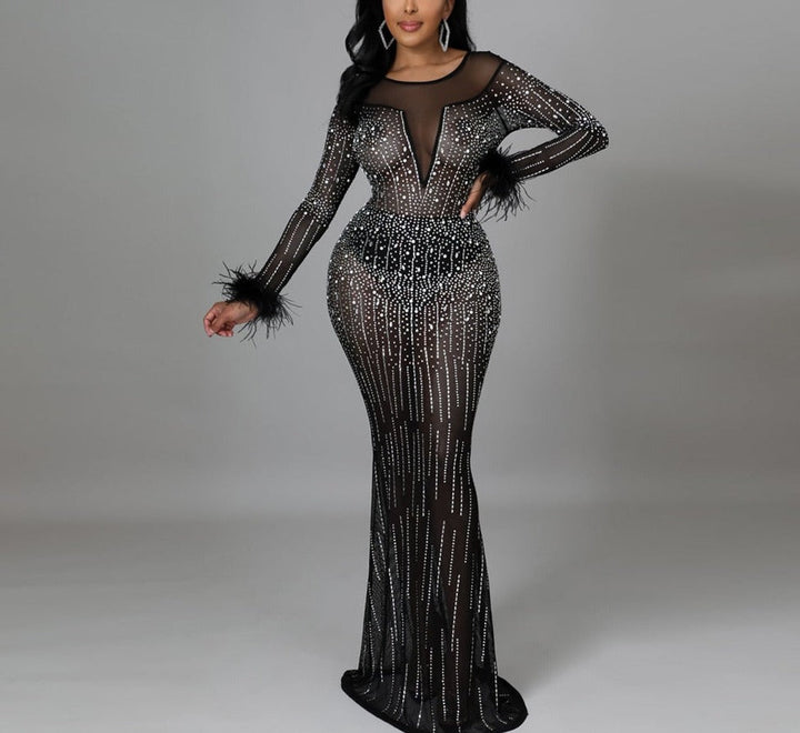 Levoire | Hot Drill Mesh Transparent Manches Longues Sirène Maxi Robe Noir