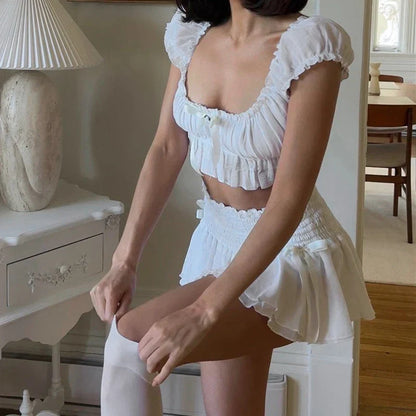 Levoire | Y2K Nœud Et Fronce Crop Top Mini Jupe Cordon Set Pour Un Look Mignon