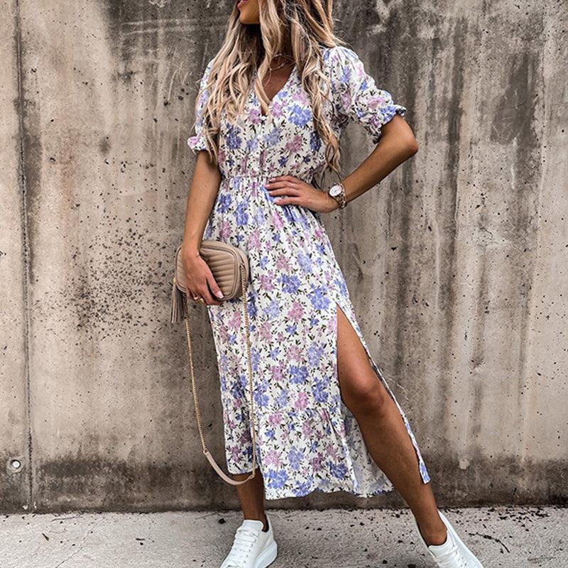 Levoire | Femme Robe à jupe fendue imprimée floral Blanc Violet