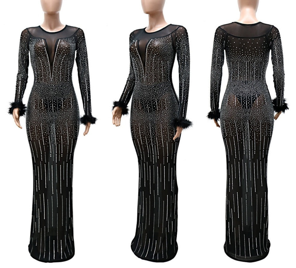 Levoire | Hot Drill Mesh Transparent Manches Longues Sirène Maxi Robe