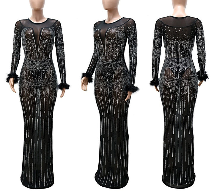 Levoire | Hot Drill Mesh Transparent Manches Longues Sirène Maxi Robe