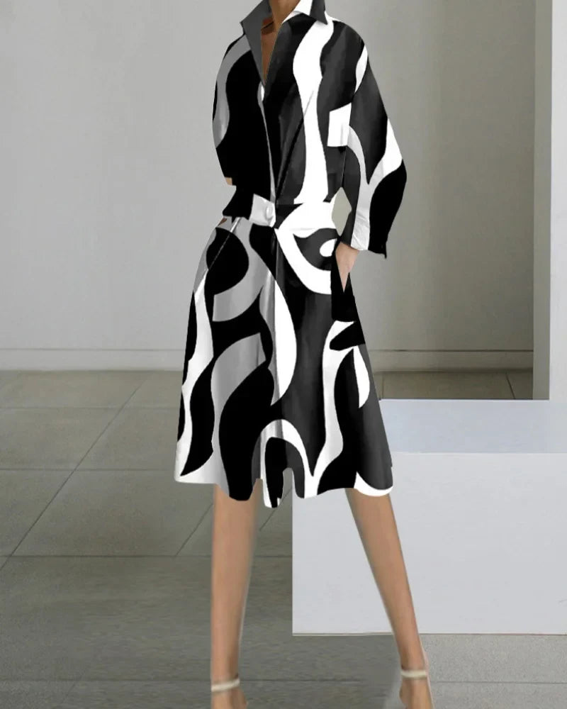 Levoire | Robe Midi Elegante Manches Longues, Col V, Blanche, Poches, Femme Noir