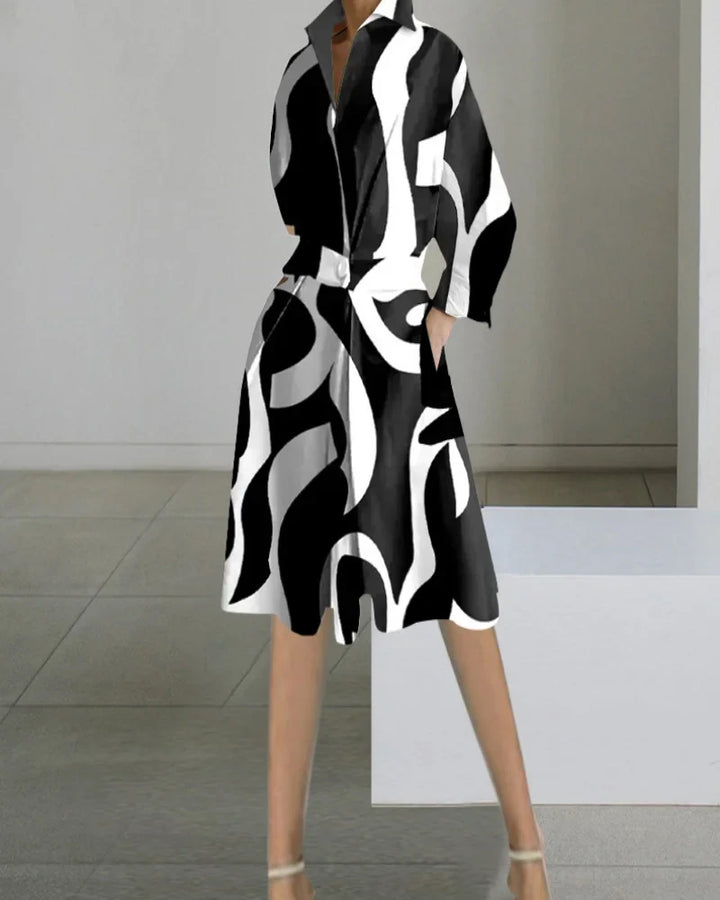 Levoire | Robe Midi Elegante Manches Longues, Col V, Blanche, Poches, Femme Noir