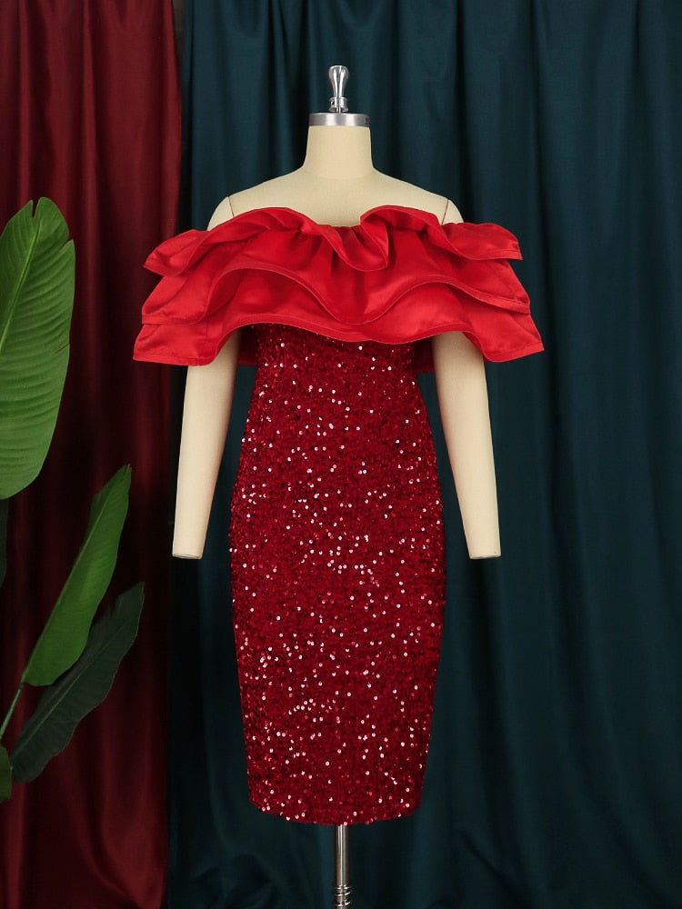 Levoire | Robe À Volants Pailletée Rouge À Épaules Dénudées