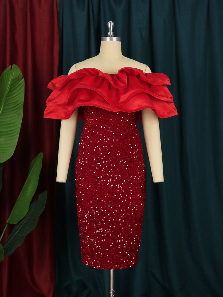 Levoire | Robe À Volants Pailletée Rouge À Épaules Dénudées